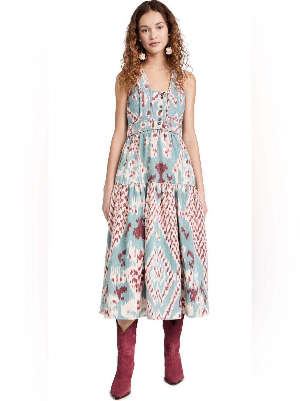Ulla Johnson Varda Dress Ikat Print Cotton Midi Blue Red Size 12